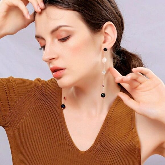 Pearl Crystal Rhinestone Gold Drop Dangle Earrings - Picture 2 of 12